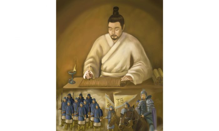 Sun Zi, el gran estratega militar chino, escribe el tratado "El arte de la guerra". (SM Yang/La Gran Época)
 
