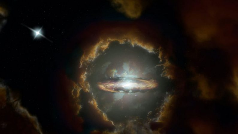 Impresión artística del Disco de Wolfe, una galaxia masiva de disco giratorio en el universo temprano. La galaxia fue descubierta inicialmente cuando ALMA examinó la luz de un cuásar más distante (arriba a la izquierda). (S. Dagnello/NRAO/AUI/NSF)
