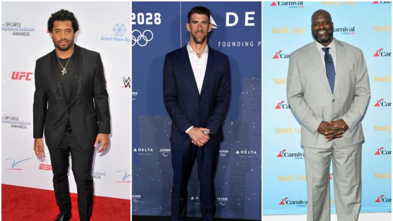 (De izq. a der.) Russell Wilson; Michael Phelps; Shaquille O'Neal (Allen Berezovsky /Joe Scarnici / Getty Images para LA28; Mike Coppola / Getty Images Carnival Cruise Line)
