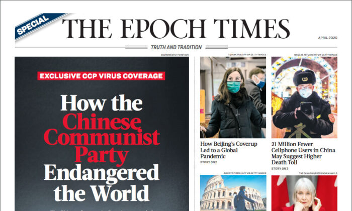 La primera página de la edición especial de The Epoch Times que fue distribuida el 13 de abril de 2020.

