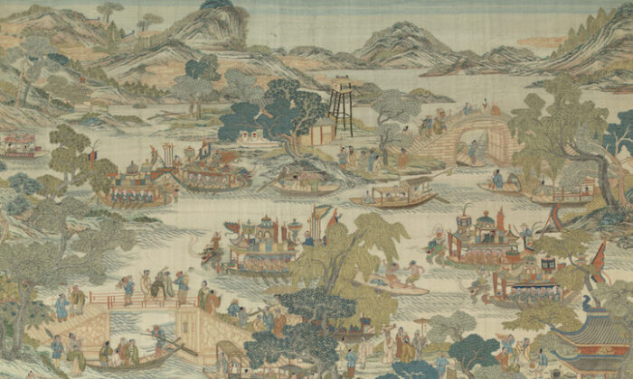 'Escena del Festival del Bote  del Dragón', Dinastía Qing (1644-1911). Desde los feroces remeros de los barcos dragón hasta la excitante multitud de espectadores, esta pieza captura la alegría y la prosperidad que trae el festival Duanwu. (Museo de Arte Metropolitano)