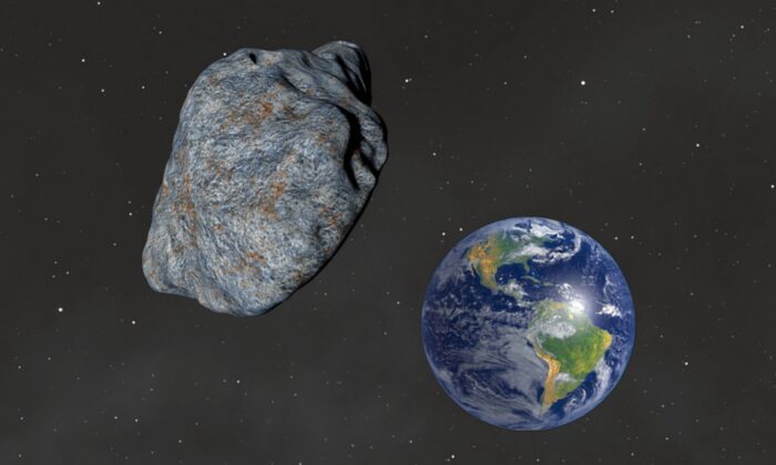 Una representación gráfica de un asteroide en el espacio y la tierra en el fondo. (Urikyo33/Pixabay)
