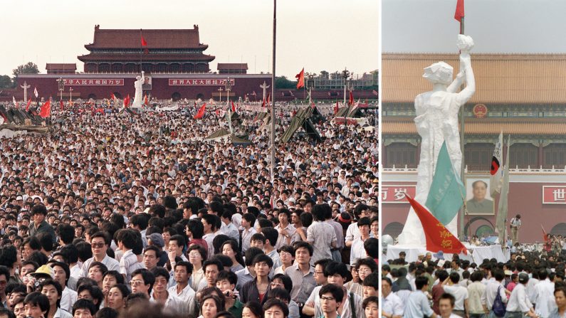 Miles de chinos se congregan el 2 de junio de 1989 en la Plaza Tiananmen en torno a "La Diosa de la democracia", exigiendo democracia a pesar de la ley militar en Beijing. (CATHERINE HENRIETTE / AFP a través de Getty Images). Dcha.: "La Diosa de la Democracia", una réplica de 10 metros de la Estatua de la Libertad creada por estudiantes de un instituto de arte para promover la protesta prodemocracia. (TOSHIO SAKAI / AFP a través de Getty Images)