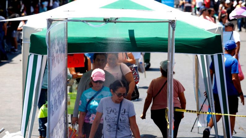 Los compradores caminan a través de un puesto de saneamiento basado en el ozono instalado en un mercado de alimentos como medida preventiva contra la propagación del COVID-19, en Guadalajara, México, el 29 de marzo de 2020. (Foto de ULISES RUIZ/AFP vía Getty Images)