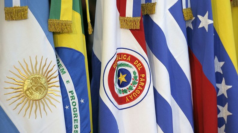 La bandera paraguaya se ve junto a otros miembros del Mercosur durante la XLIII cumbre presidencial del Mercosur en Mendoza, a 1050 Km. al oeste de Buenos Aires, Argentina, el 29 de junio de 2012. (JUAN MABROMATA/AFP/GettyImages)