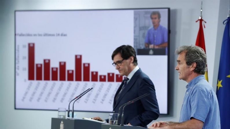 El ministro de Sanidad, Salvador Illa (i), y el director del Centro de Coordinación de Alertas y Emergencias Sanitarias, Fernando Simón, durante la rueda de prensa, EFE/J.J. Guillén