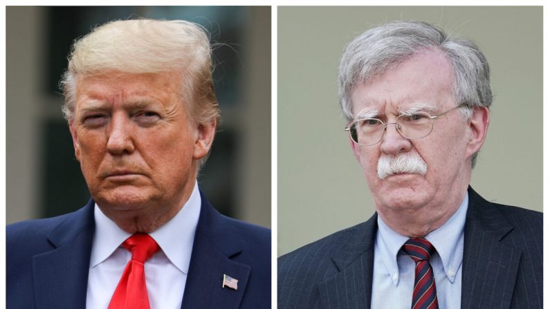 El presidente Donald Trump, a la izquierda, en el Rose Garden de la Casa Blanca en Washington el 13 de marzo de 2020. A la derecha, John Bolton afuera en el ala oeste de la Casa Blanca en Washington el 30 de abril de 2019. (Charlotte Cuthbertson / The Epoch Times; Chip Somodevilla /Getty Images)
