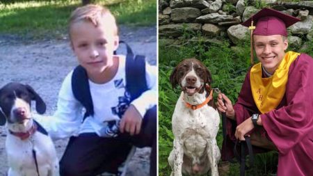 Familia recrea adorable foto de un niño y su perro en 1er grado, ahora en el día de su graduación