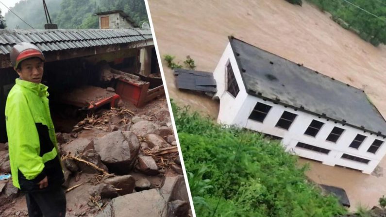 Una casa desbordada por las inundaciones, mientras un aldeano se para frente a su casa y camión que están enterrados en el condado de Yiliang, ciudad de Zhaotong, en Yunnan, China, el 1 de julio de 2020. (The Epoch Times)