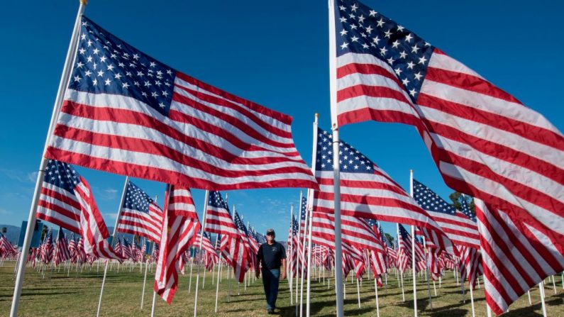Miles de banderas se colocan como tributo a la memoria de los veteranos del ejército estadounidense durante las celebraciones del Día de los Veteranos en Covina, California, el 9 de noviembre de 2019.  (MARK RALSTON/AFP vía Getty Images)