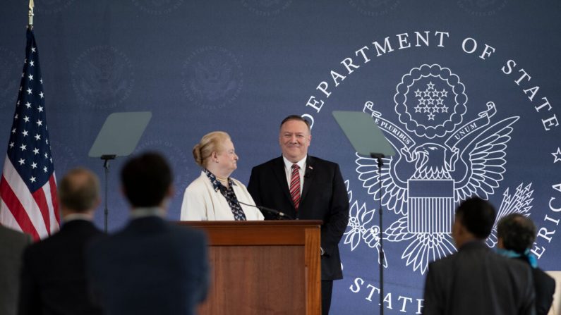 Commission chair Mary Ann Glendon looks at US Secretary of State Mike Pompeo before he speaks at the National Constitution Center about the Commission on Unalienable Rights on July 16, 2020, in Philadelphia, Pennsylvania. (Photo by Brendan Smialowski / POOL / AFP) (Photo by BRENDAN SMIALOWSKI/POOL/AFP via Getty Images)