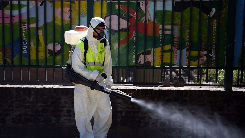 Un trabajador del Ministerio de Medio Ambiente y Espacio Público de la ciudad de Buenos Aires fumiga para evitar la propagación del dengue en el Parque Chacabuco, Buenos Aires (Argentina), el 27 de enero de 2015. (EITAN ABRAMOVICH/AFP a través de Getty Images)