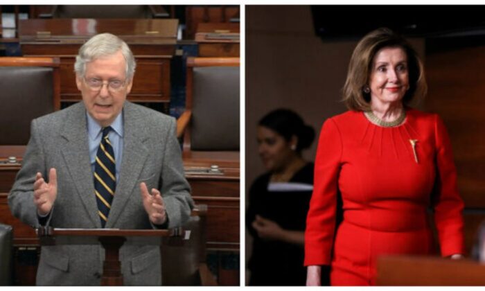 El líder de la mayoría del Senado, Mitch McConnell (R-Ky.), y la presidente de la Cámara de Representantes, Nancy Pelosi (D-Calif.). (TV del Senado vía AP; Charlotte Cuthbertson/The Epoch Times)