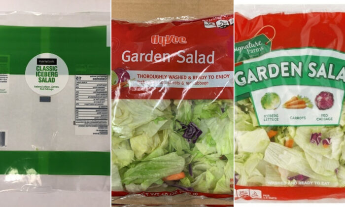 Classic Iceberg Salad de la marca Marketside, Garden Salad de 12 onzas en bolsas de la marca Hy-Vee y Garden Salad de 12 onzas en bolsas de la marca Jewel-Osco Signature Farms. (FDA)