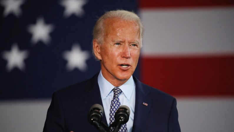 El presunto candidato presidencial demócrata Joe Biden habla en Industrias McGregor en Dunmore, Pensilvania, el 9 de julio de 2020. (Spencer Platt/Getty Images)