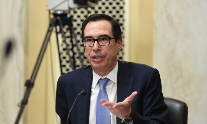 WASHINGTON, DC - JUNE 10: U.S. Secretary of the Treasury Steven Mnuchin testifies during the Senate Small Business and Entrepreneurship Hearings to examine implementation of Title I of the CARES Act on Capitol Hill on June 10, 2020 in Washington, DC. (Photo by Kevin Dietsch - Pool/Getty Images)