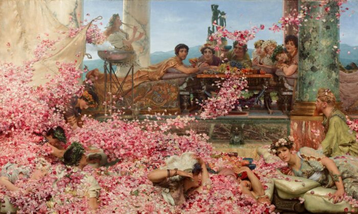 "Las rosas de Heliogabalus", en 1888 por Sir Lawrence Alma-Tadema. Óleo sobre lienzo, 52 pulgadas por 84.2 pulgadas. La Colección Pérez Simón, México. (Dominio público)