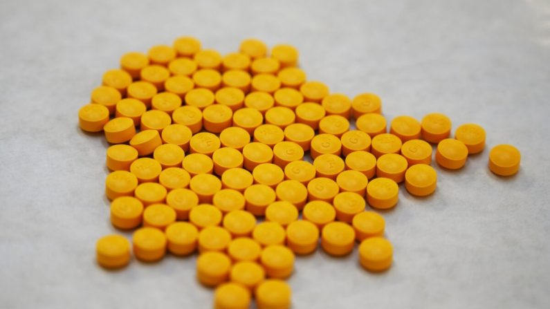 Las tabletas que se cree que están mezcladas con fentanilo se exhiben en el Laboratorio Regional Noreste de la Administración de Control de Drogas el 8 de octubre de 2019, en Nueva York. (Don Emmert/AFP vía Getty Images)