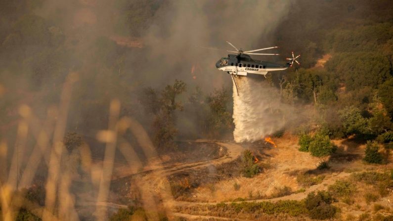 Un helicóptero deja caer agua sobre las llamas durante el incendio Apple en Banning, California, el 1 de agosto de 2020. (Foto de JOSH EDELSON/AFP vía Getty Images)