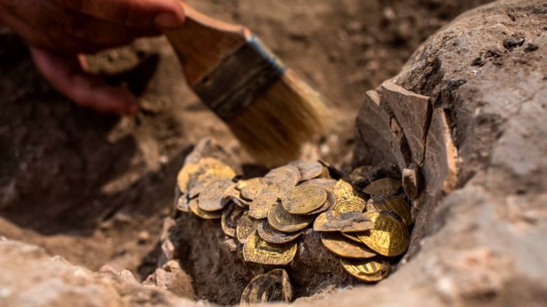 Un trabajador israelí desentierra monedas de oro que datan del Califato Abasí, durante una presentación a la prensa del descubrimiento en un sitio arqueológico cerca de Tel Aviv en el centro de Israel, el 18 de agosto de 2020. (Foto de HEIDI LEVINE/POOL/AFP vía Getty Images)