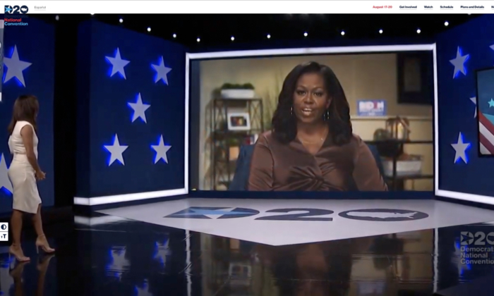 En esta captura de pantalla de la transmisión en vivo del DNCC de la Convención Nacional Demócrata de 2020, la actriz y activista Eva Longoria (izq.) presenta a la exprimera dama, Michelle Obama, para dirigirse a la convención virtual, el 17 de agosto de 2020. (DNCC a través de Getty Images).