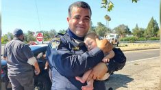 Conmovedora foto captura a un policía sosteniendo un bebé de 6 semanas luego de un accidente vial