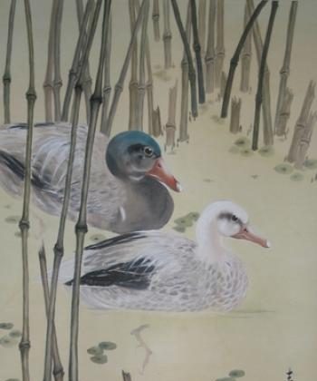 Durante toda su vida, los patos se mantienen fieles a sus parejas. Una pintura china de Charlotte Kühnert. (Nils Kühnert)