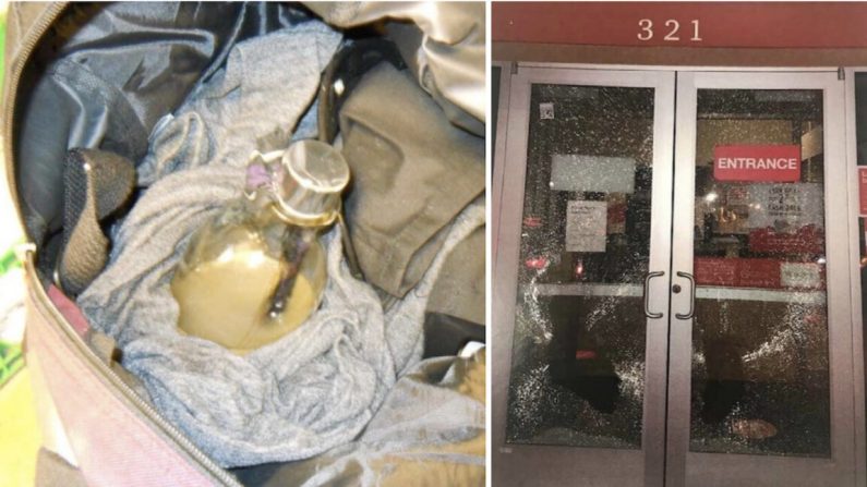 (I) Foto de un dispositivo inflamable comúnmente conocido como cóctel molotov encontrado en la bolsa de un adolescente de 19 años, Sami Horner. (D) Vidrios rotos de un banco, los cuales la policía de Seattle observó que Horner había destrozado, en Seattle, Washington, la noche del 26 de agosto de 2020.