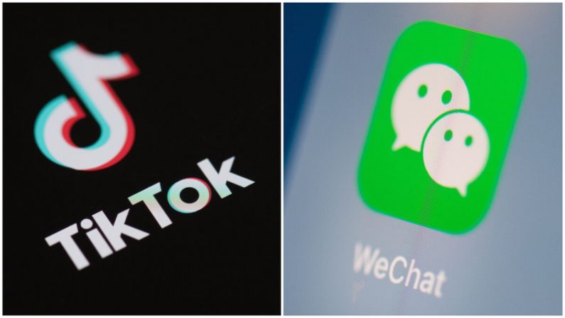 El logotipo de la red social TikTok (i) en la pantalla de un teléfono. El logotipo de la aplicación de mensajería instantánea china WeChat (dcha.) en la pantalla de una tableta. (Martin Bureau/AFP a través de Getty Images)