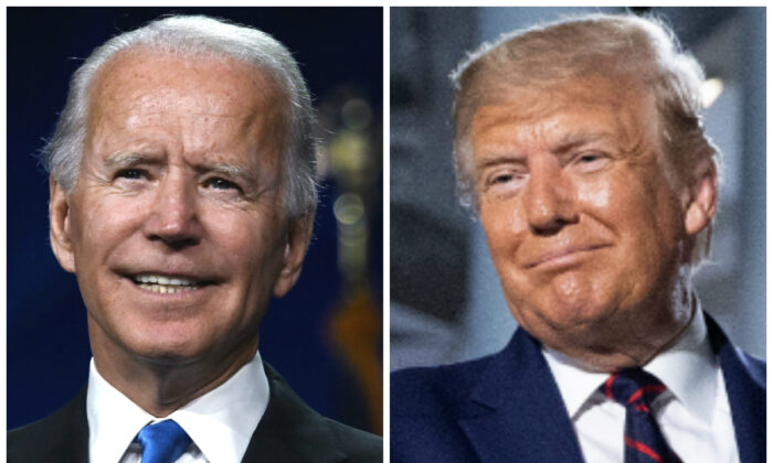 Izq: El exvicepresidente y nominado presidencial demócrata Joe Biden acepta la nominación del Partido Demócrata para presidente durante el último día de la Convención Nacional Demócrata en Wilmington, Del., el 20 de agosto de 2020. (Olivier Douliery/AFP vía Getty Images); Der: El presidente Donald Trump después de pronunciar su discurso de aceptación de la nominación presidencial republicana en el Jardín Sur de la Casa Blanca el 27 de agosto de 2020. (Chip Somodevilla/Getty Images)