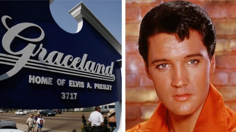 (i) Varios fanáticos caminan por la entrada de Graceland, el hogar de Elvis Presley en Memphis, Tennessee, el 14 de agosto de 2007. (Stan Honda/AFP vía Getty Images); (dcha.) Elvis Presley. (Archivo Hulton/Getty Images)
