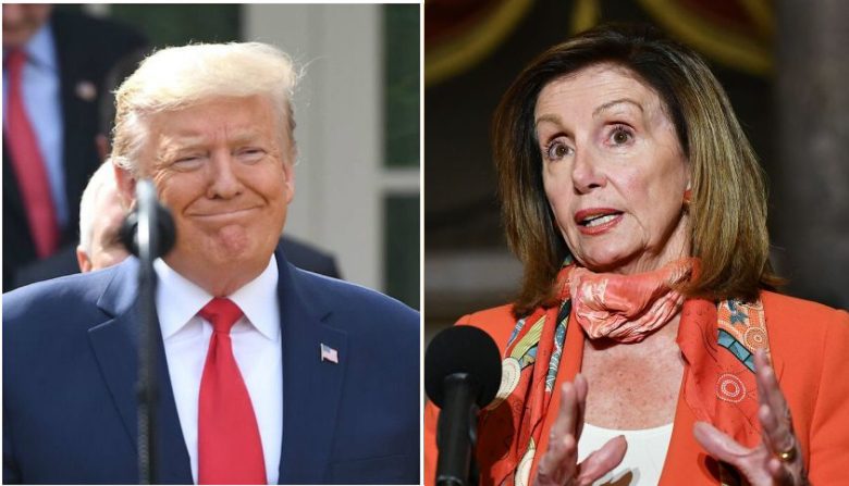 El presidente Donald Trump (i) en la Rosaleda de la Casa Blanca el 13 de marzo de 2020. (Saul Loeb/AFP via Getty Images) La presidenta de la Cámara de Representantes, Nancy Pelosi, habla con los periodistas tras reunirse con el secretario del Tesoro Steven Mnuchin y el jefe de Gabinete de la Casa Blanca Mark Meadows en el Capitolio de Washington, DC, el 4 de agosto de 2020. (MANDEL NGAN/AFP vía Getty Images)