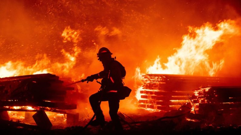 Un bombero apaga las llamas que se dirigen hacia las casas durante el incendio de Creek en el área de Cascadel Woods del condado de Madera, en California, el 7 de septiembre de 2020. (JOSH EDELSON/AFP vía Getty Images)