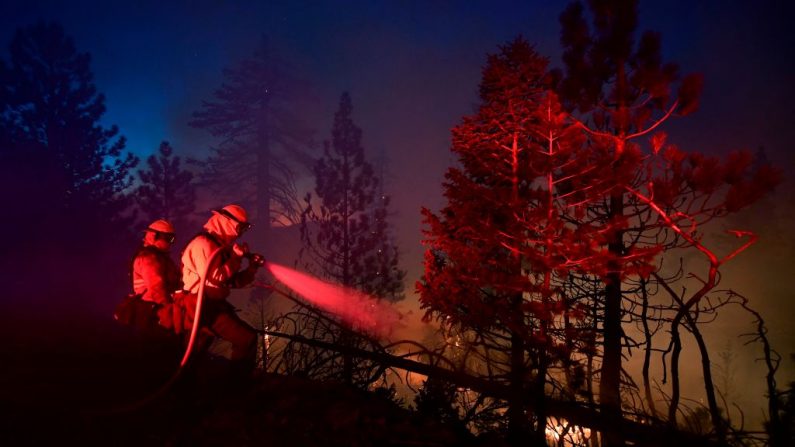 Las luces de un camión de bomberos iluminan a los bomberos que trabajan en el Bobcat Fire que se está quemando cerca de Cedar Springs en el Bosque Nacional de Los Ángeles el 21 de septiembre de 2020 en Los Ángeles, California (EE.UU.). (Foto de FREDERIC J. BROWN/AFP vía Getty Images)