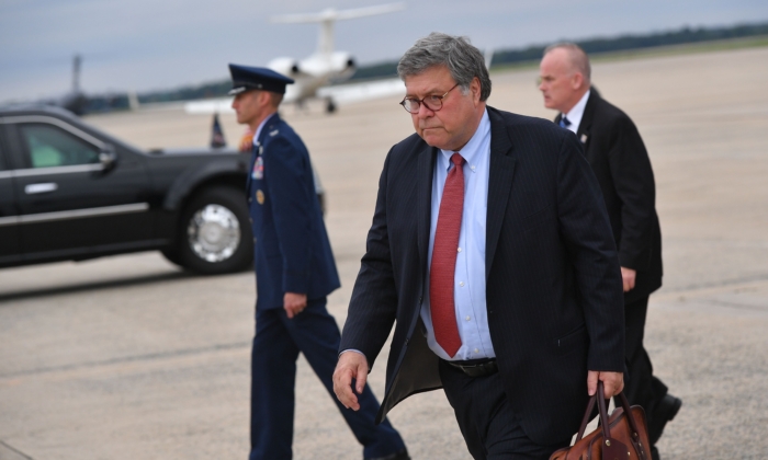 Attorney General William Barr steps off Air Force One upon arrival at Andrews Air Force Base in Maryland on Sept. 1, 2020. (MANDEL NGAN/AFP via Getty Images)
