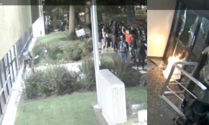 Las personas descritas como militantes de Antifa rompieron ventanas y prendieron fuego a la Oficina del Fiscal del Distrito de Sacramento el 27 de agosto de 2020. (Oficina del Fiscal de Distrito de Sacramento)