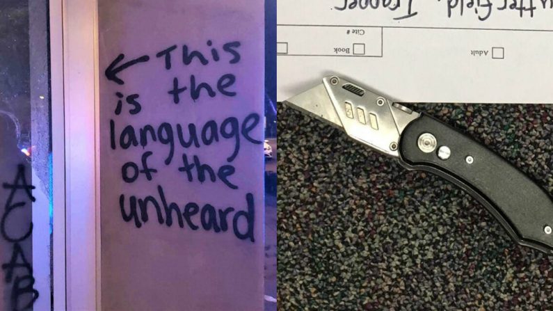 Un grafiti (i) que dice "el lenguaje de los ignorados" se atribuye la autoría del daño hecho a una clínica dental y, a la derecha, el cuchillo que portaba un agitador, en Portland, Ore., el 31 de agosto de 2020. (Oficina de Policía de Portland)