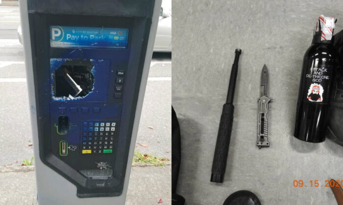 Un parquímetro (i) dañado por los alborotadores y varias armas (dcha.) que portaban algunos de los arrestados en Seattle, Wash., el 15 de septiembre de 2020. (Departamento de Policía de Seattle)