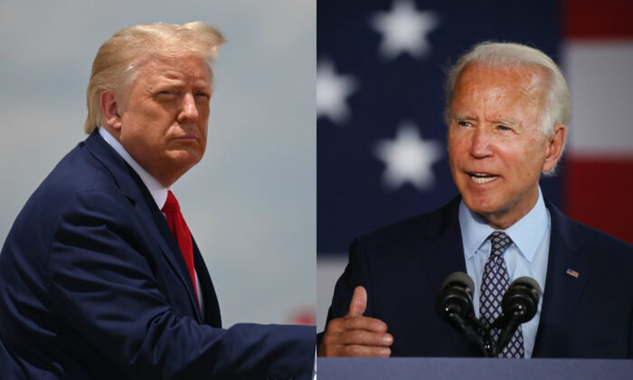 El presidente Donald Trump (izq) aborda el Air Force One en la Base Conjunta Andrews en Maryland, el 15 de julio de 2020. A la derecha, el candidato presidencial demócrata Joe Biden habla en Dunmore, Pensilvania, el 9 de julio de 2020. (Jim Watson/AFP vía Getty Images; Spencer Platt/Getty Images)
