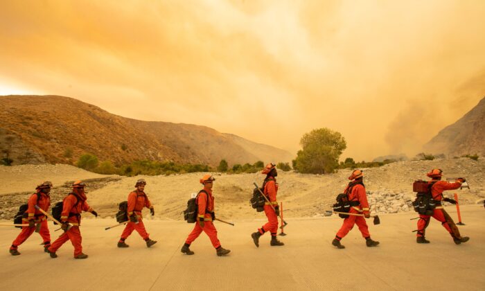 Los bomberos reclusos llegan a la escena del incendio de Water, a unas 20 millas del incendio de Apple en Whitewater, California, el 2 de agosto de 2020. (Josh Edelson/AFP vía Getty Images)