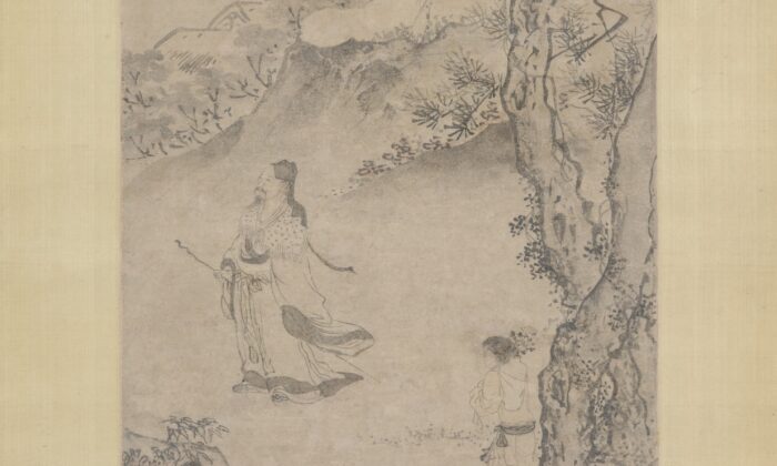 Un detalle de una pintura de un paisaje, en la cual el artista Du Jin retrata al poeta Tao Yuanming paseando por las montañas y admirando las flores de los crisantemos. Museo Metropolitano de Arte. (Dominio Público)