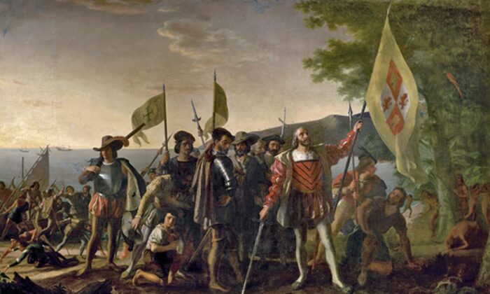 El 12 de octubre de 1492, Colón desembarcó en la isla de San Salvador y reclamó todo el Nuevo Mundo para España. "Desembarco de Colón", 1847, por John Vanderlyn. Rotonda del Capitolio. (Dominio público)