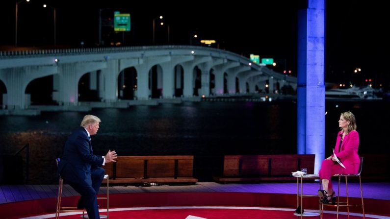 El presidente Donald Trump hace un gesto mientras habla durante un encuentro con votantes de NBC News moderado por Savannah Guthrie en el Perez Art Museum en Miami, el 15 de octubre de 2020. (Foto de BRENDAN SMIALOWSKI/AFP vía Getty Images)