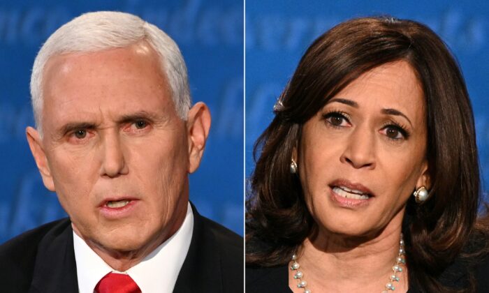 El vicepresidente Mike Pence y la candidata demócrata a la vicepresidencia, la senadora Kamala Harris (D-Calif.), durante un debate en el Kingsbury Hall de la Universidad de Utah en Salt Lake City, Utah, el 7 de octubre de 2020. (Eric Baradat/AFP vía Getty Images)