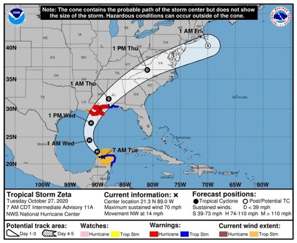 Fotografía satelital cedida por el Centro Nacional de Huracanes (NHC) de Estados Unidos donde se muestra el pronóstico de la trayectoria de cinco días de la tormenta tropical Zeta. Zeta, que perdió la categoría de huracán tras impactar en la península de Yucatán (México), se mueve este martes hacia el noroeste con vientos máximos sostenidos de 70 millas por hora (110 km/h) antes de entrar al Golfo de México camino de la costa sur de EE.UU., según el NHC. EFE/NHC