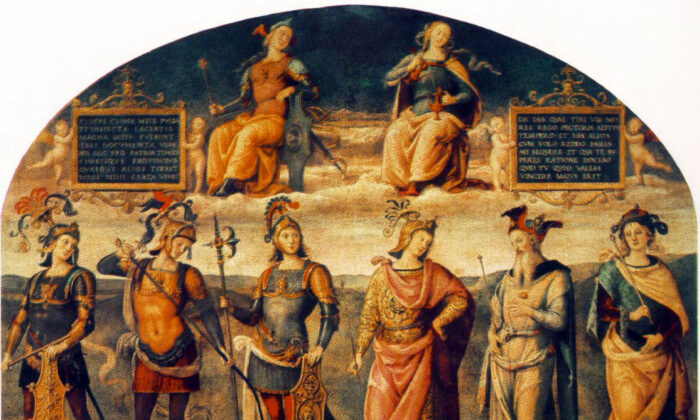 "Fortaleza y templanza con seis héroes antiguos" de Pietro Perugino,1497. (Dominio público)
