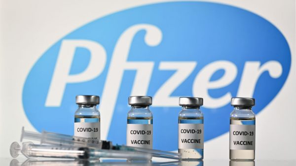 Una ilustración muestra frascos con adhesivos de vacuna contra la covid-19 adheridos y jeringas con el logotipo de la compañía farmacéutica estadounidense Pfizer, el 17 de noviembre de 2020. (Foto de JUSTIN TALLIS / AFP a través de Getty Images)