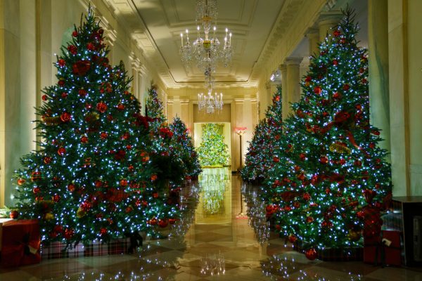 Las decoraciones navideñas están en exhibición en el Cross Hall de la Casa Blanca el 30 de noviembre de 2020 en Washington, DC. (Foto de Drew Angerer / Getty Images)