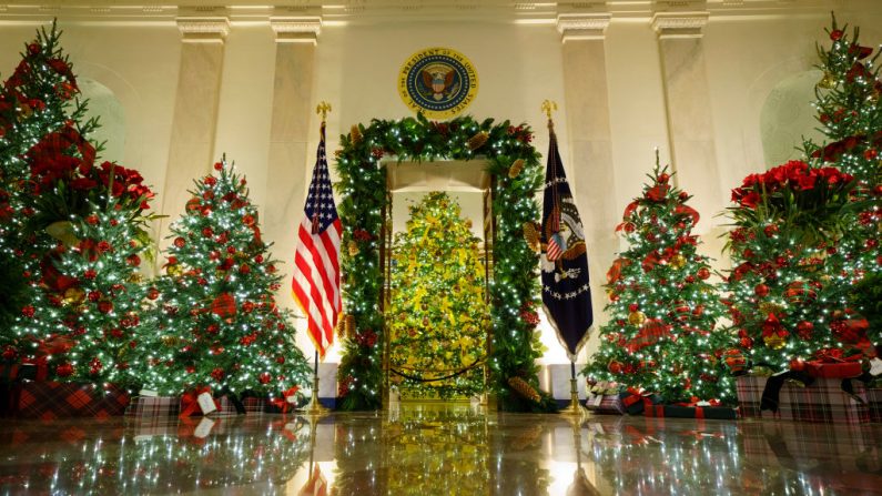 Las decoraciones navideñas están en exhibición en Cross Hall y Sala Azul de la Casa Blanca el 30 de noviembre de 2020 en Washington, DC. El tema de este año para las decoraciones navideñas de la Casa Blanca es "América la Bella". (Foto de Drew Angerer / Getty Images)