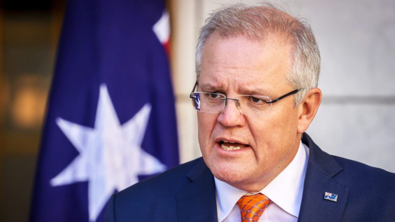 El primer ministro australiano, Scott Morrison, habla durante una conferencia de prensa en la Casa del Parlamento, en Canberra, Australia, el 9 de julio de 2020. (David Gray/Getty Images)